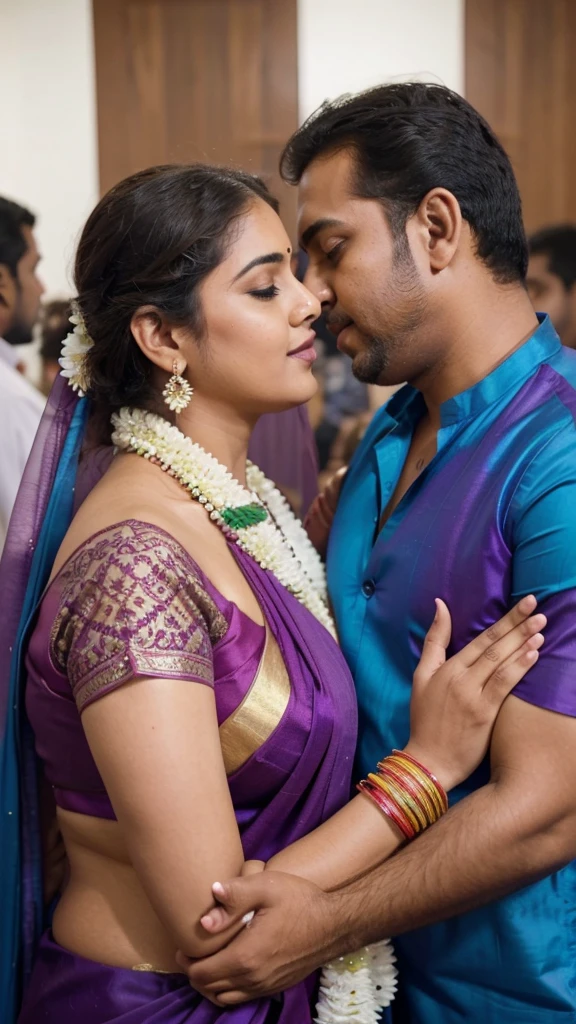 A 50-year-old man affectionately hugging and kissing on lips of a radiant, full-figured South Indian 45 year old very beautiful bride wearing a pink silky saree and blue blouse in office, other people cheering next to them, captured in a full-body image with vibrant hues and meticulous details. Full body image