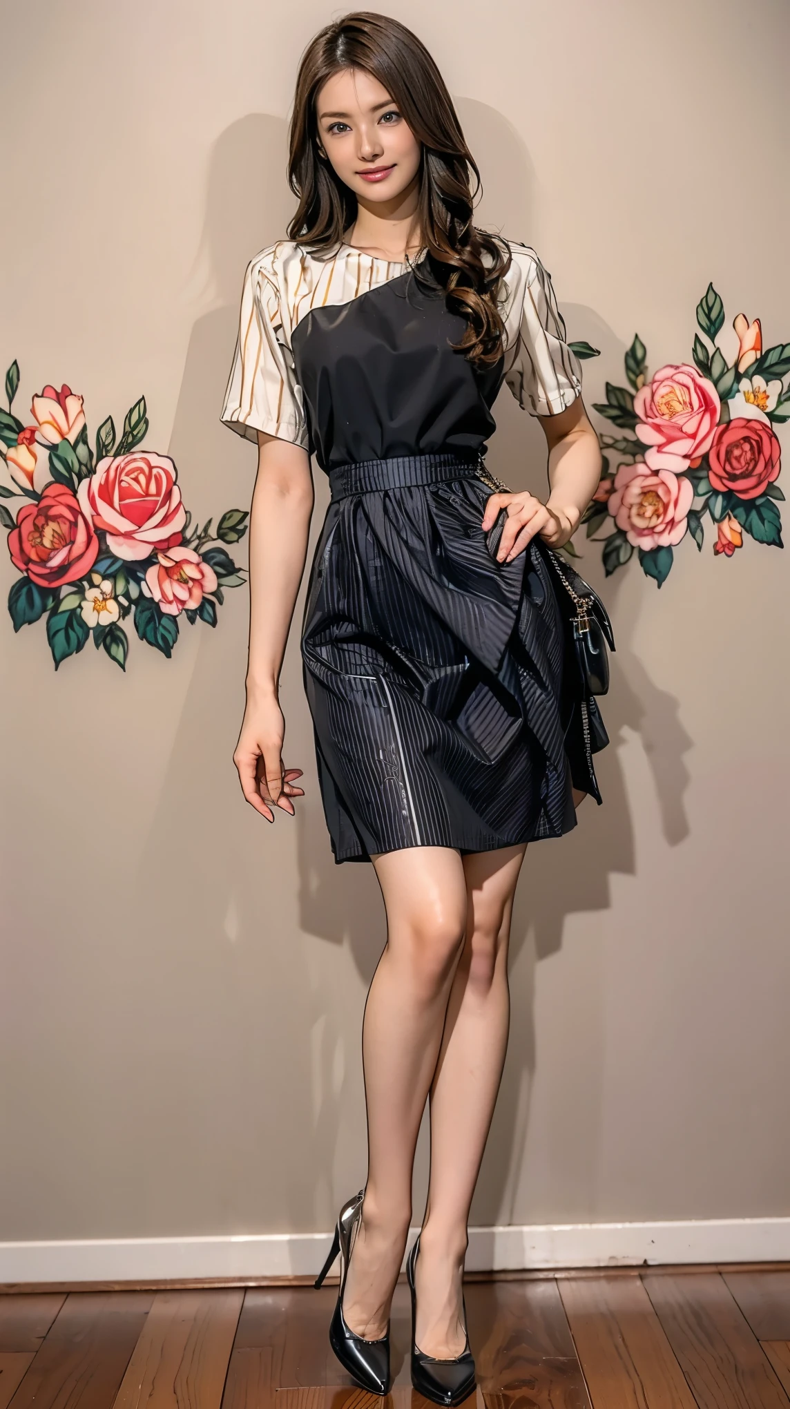 ((masterpiece)),(((Highest quality))),Thin thighs,Long legs,whole body:1.5,(One Girl:1.3),(Black high heels:1.3),(Wearing a floral striped mid-long flared skirt dress:1.2),Curly blonde hair:1.2、Model pose standing with legs apart:1.5,Bright expression:1.5