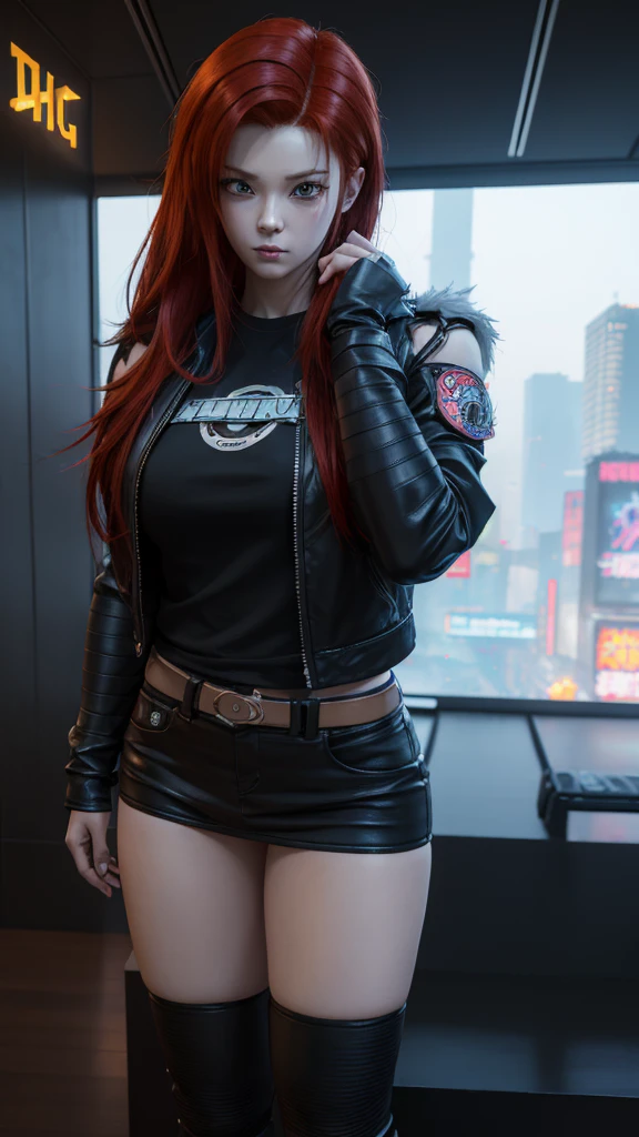 a woman with long red hair and a colorful shirt posing, cyberpunk art by Kentaro Miura, Trends in CG society, digital art, wearing cyberpunk jacket 2 0 7 7, artwork in the style of guweiz, cyberpunk anime girl, Brigitte de Overwatch, lovely Brigitte de Overwatch, 3d realistic anime style., cosplay chica anime, digital art del anime cyberpunk