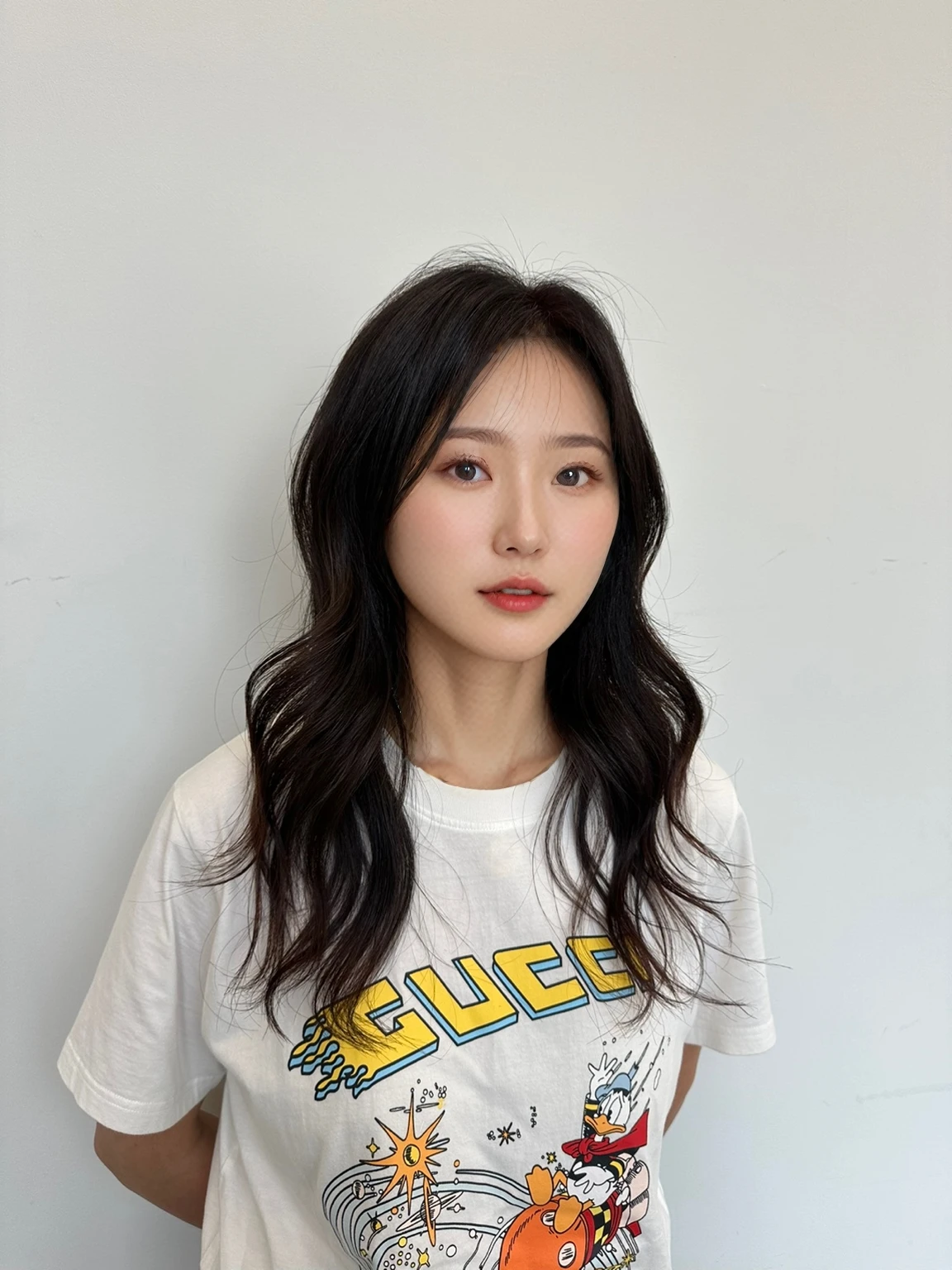 Best Quality, 8k, Masterpiece, (Portrait: 1.3), (photo realistic:1.4), (hyper realistic:1.4), Sharp Focus, looking at viewer, (smoother lighting:1.1), (increase cinematic lighting quality:0.9), realistic lighting, backlighting, light on face, ray trace, (brightening light:1.2), (Increase quality:1.4), sharp detail, (best quality real texture skin:1.4), finely detailed eyes, black_eyes, finely detailed face, 25 year old Korean woman