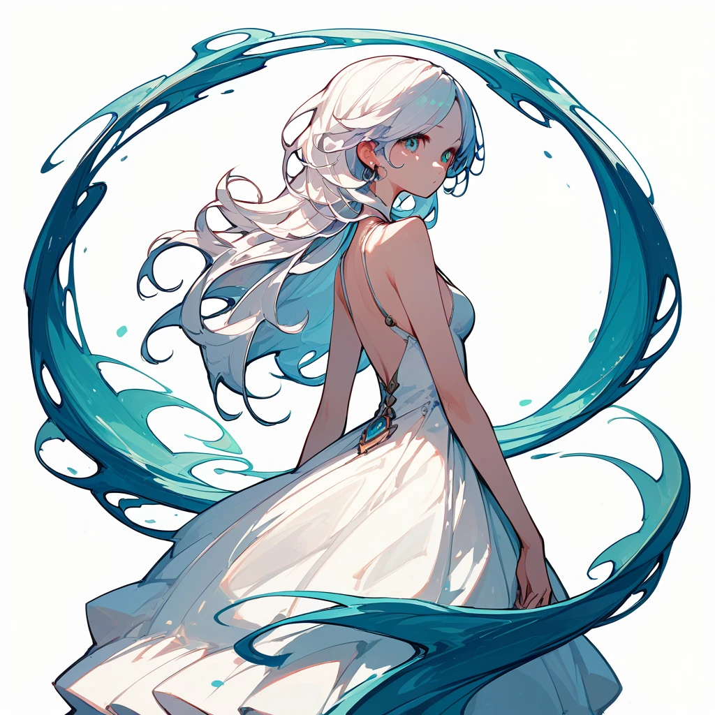 girl、魚とgirl、Pisces、curly white hair、White background、Simple clothes、White Dress