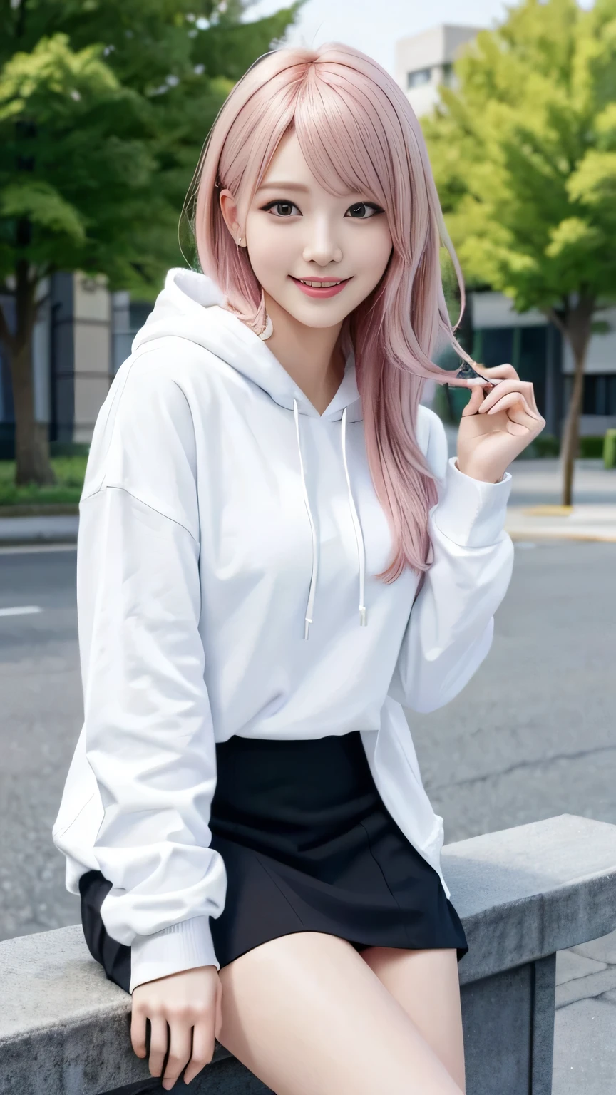 A woman with pink hair and a white hoodie, mini skirt、Anime realism style, Unreal 5. RPG Portrait, cgsociety portrait, Realistic art style, Smooth anime CG art, Photorealistic Anime Girl Rendering, Realistic anime 3D style, Loss Draw 1. 0, Realistic 3D animation, ArtJam ; 3d unreal engine, Realistic anime art style，The background is a park，Talking with the best smile、Eating a sandwich for lunch