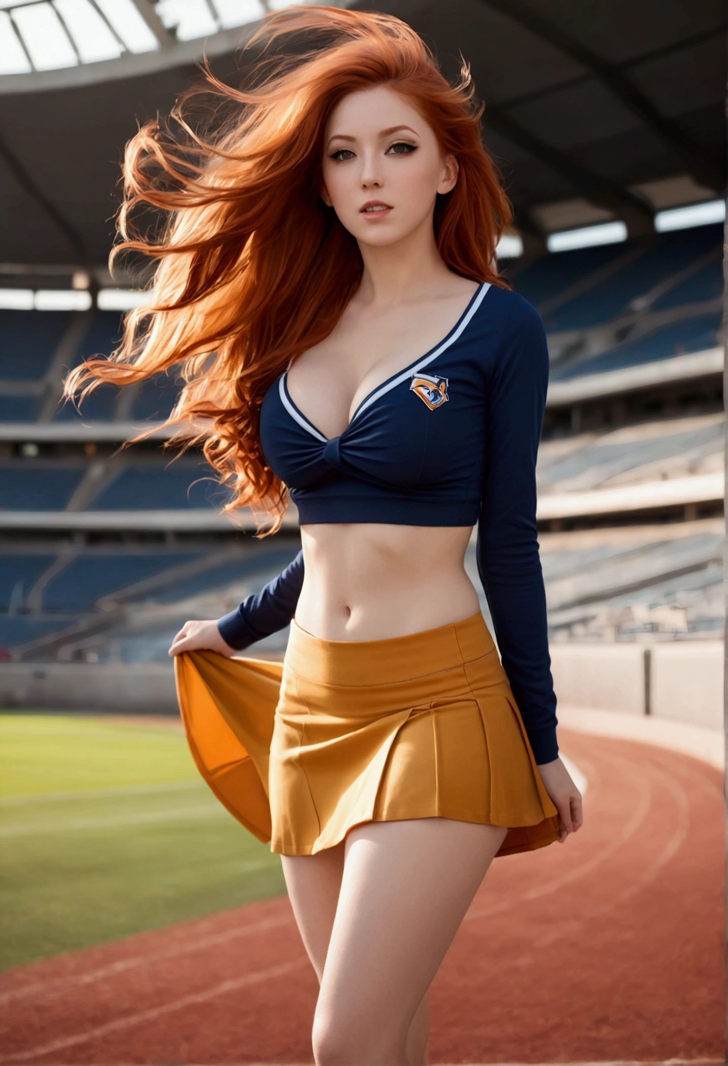 ultra realistic, photography, long red hair, girl, 24 years old, hourglass figure, perfect body, Flirty look, extremely detailed artgerm, in the style artgerm, small breasts, facing the camera, lens 35 mm, blur background, in a stadium, wearing a cheerleader outfit, windy, skirt gets blown up, windy upskirt, strong wind, skirt blows up, wind blows up skirt, hips swinging