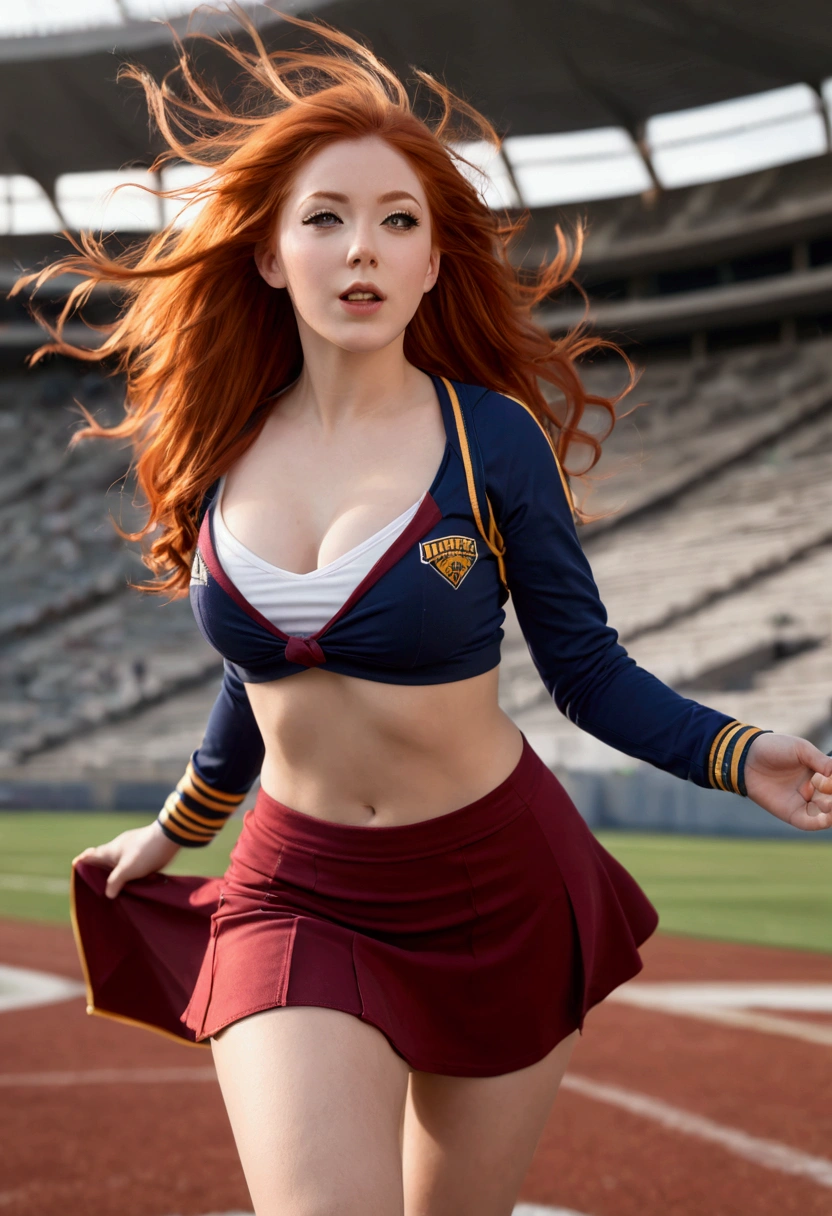 ultra realistic, photography, long red hair, girl, 24 years old, hourglass figure, perfect body, Flirty look, extremely detailed artgerm, in the style artgerm, small breasts, facing the camera, lens 35 mm, blur background, in a stadium, wearing a cheerleader outfit, windy, skirt gets blown up, windy upskirt, strong wind, skirt blows up, wind blows up skirt, hips swinging