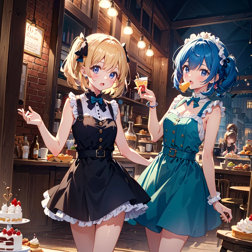 Masterpiece, top quality, high resolution background, bright and beautiful atmosphere, 3 girls (, 1 short-tempered round face), 1 (hair, surface effect), small breasts, big whole cake, fashionably dressed girl , girls dancing happily around her, a girl eating snacks and putting fresh cream on her cheeks, "deltamon_sdXL :0.73) >Deltamon"