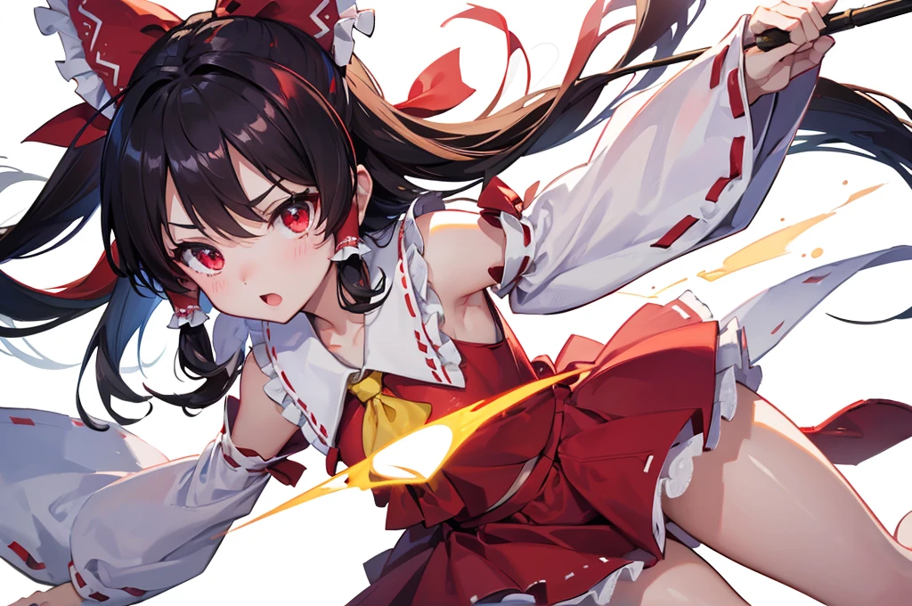 ((Highest quality))　8k　Hakurei Reimu　Serious　cute　Young　((White background))　fight　Hold your bill　barrage　Countless great lights