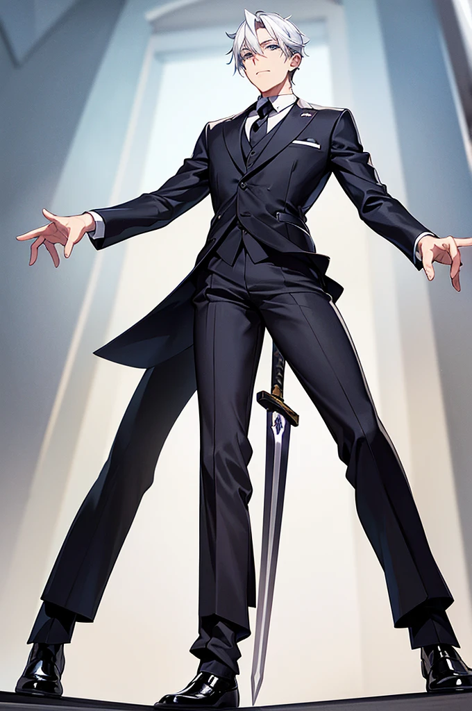 a 3/4 shot of a man in a butler suit and tie, official character art, official art, he is wearing a butler suit, formal attire, handsome anime pose, portrait gapmoe yandere grimdark, visual novel sprite, male anime character, White hair, grey eyes, holding a dress sword