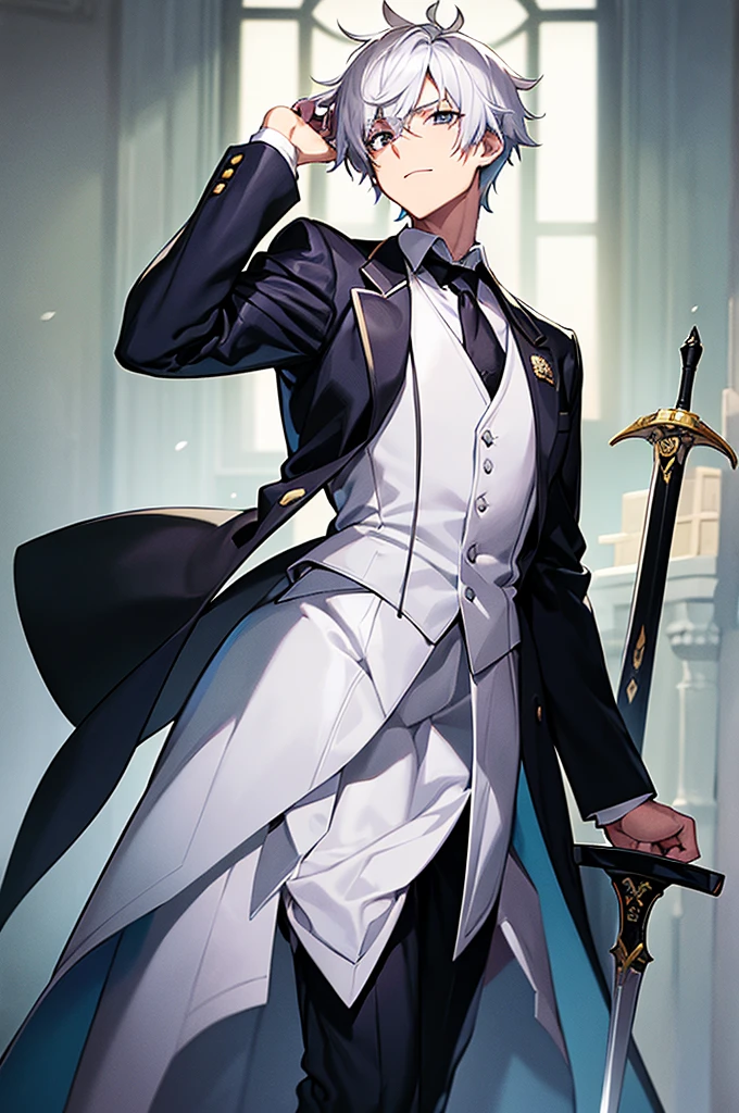 a 3/4 shot of a man in a butler suit and tie, official character art, official art, he is wearing a butler suit, formal attire, handsome anime pose, portrait gapmoe yandere grimdark, visual novel sprite, male anime character, White hair, grey eyes, holding a dress sword