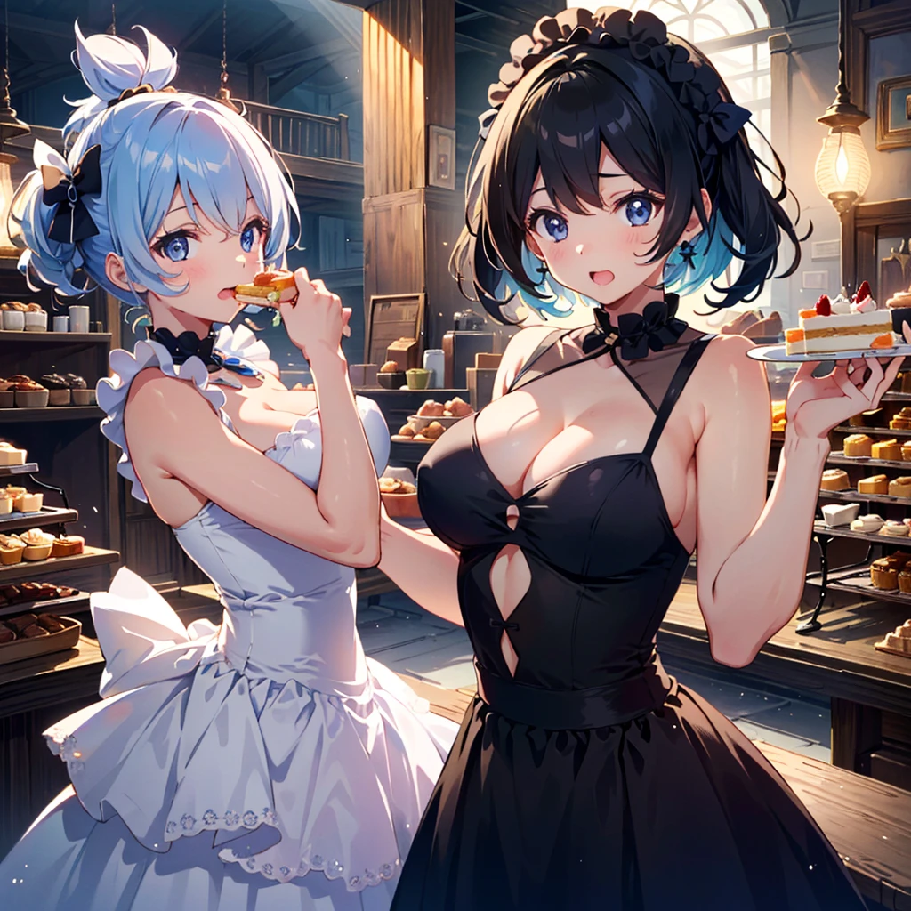 Masterpiece, top quality, high resolution background, bright and beautiful atmosphere, 3 girls (2 , 1 short-tempered round face), 1 (hair, surface effect), small breasts, big whole cake, fashionably dressed girl , girls dancing happily around her, a girl eating snacks and putting fresh cream on her cheeks, "deltamon_sdXL :0.73) >Deltamon"