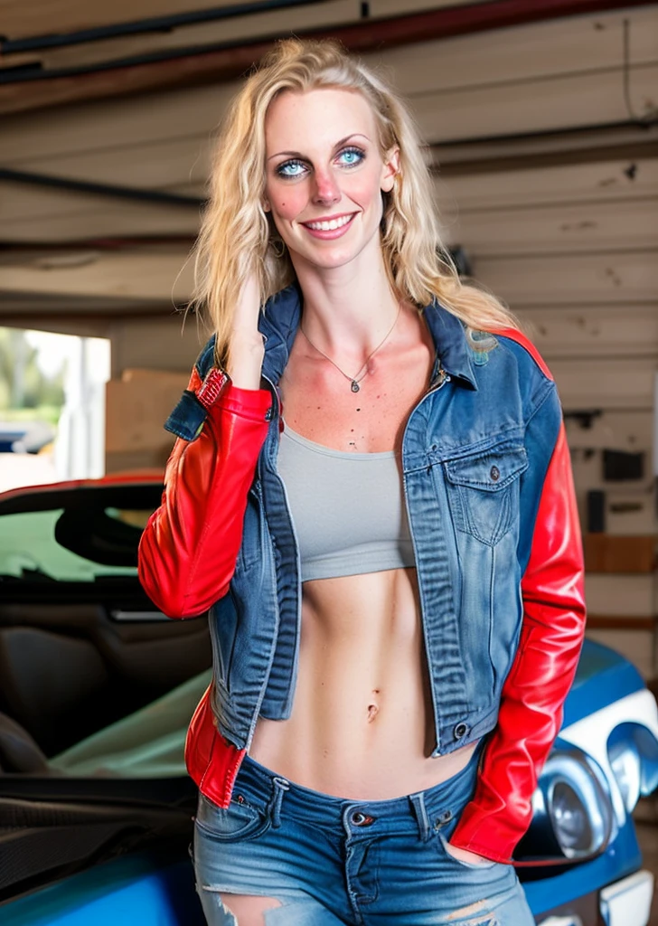 very pretty 19 years old girl with no hair without hair and no top and tattoos and and and green eyes in garage and without top and blue denim jeans jacket and tight jeans and black boots on red ferrari car
