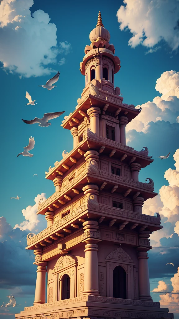 a floating ancient Indian temple surrounded by clouds birds flying on top of the city, detailed temple, detailed clouds, detailed birds, highly detailed, best quality, masterpiece, 8k wallpaper.