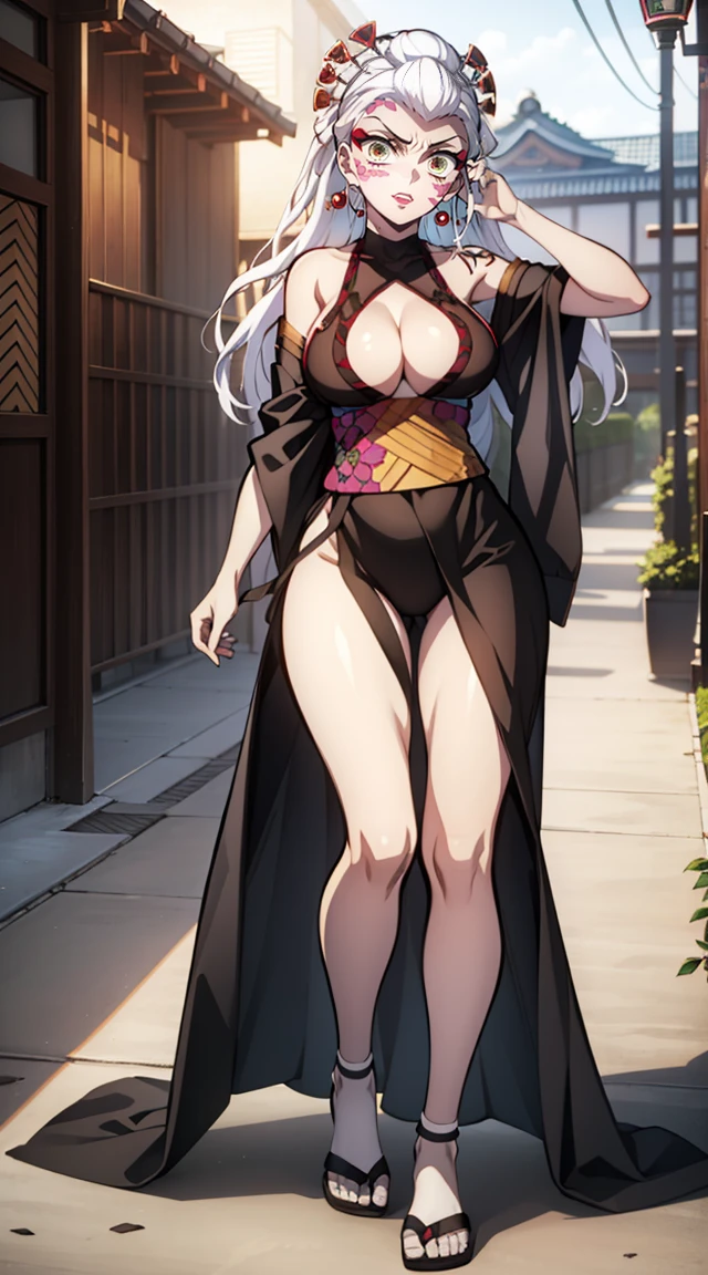 One, looks at the camera, portrait of a girl, Beautiful waist, night, ancient japan, very sexy, grin, fangs, mouth open, sexy pose, fangs, smile, White hair, Erotica, very sexy, beautiful body is completely visible, masterpiece, Best quality, full length (Full body 1.1.), Beautiful waist, good feet, high quality, long hair, White hair с зелеными кончиками. Highly detailed face, depth of field, HDR, very detailed, Ray tracing, whole body, dark fantasy, Demon&#39;s tattoo, very beautiful, Beautiful ., 1 girl, solo, I look at the viewer, hair ornament, Jewelry, green eyes, yellow eyes, draw up, pomade, slit pupils, sparkling eyes, wicked, Red lips, hair stick