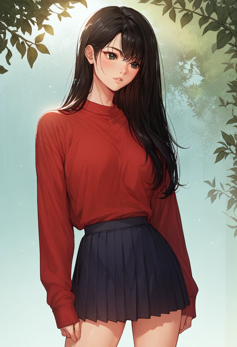 score_9, score_8_up, score_7_up, score_6_up, score_5_up, score_4_up, nari, black eyes, black hair, long hair, red sweater, long sleeves, black pleated skirt, standing, sunny skin