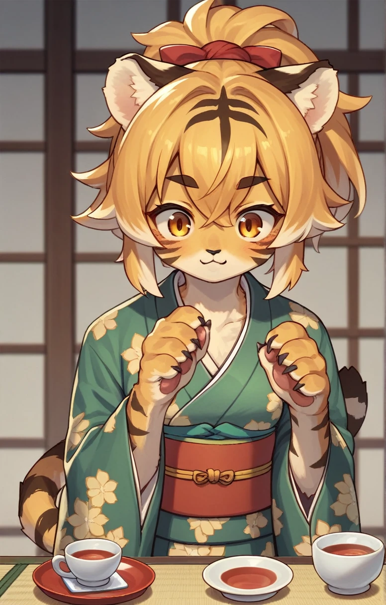 blonde short hair, brown eyes, human girl, wear torn kimono, skin become like tiger skin, horny smile, tiger ears, orange skin, brainwashed