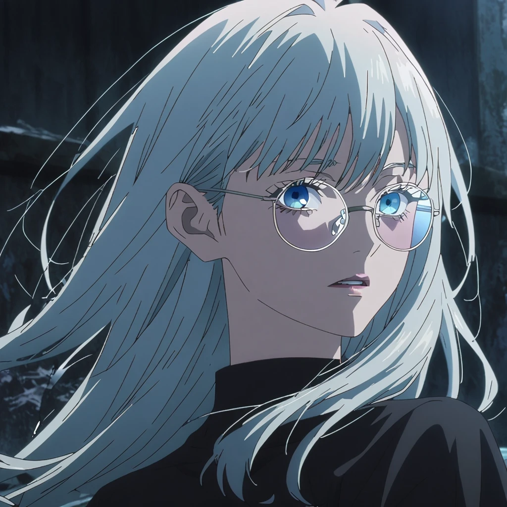 1girl, female gojo satoru, anime screencap from jujutsu kaisen, gojo satoru female version, solo, long_hair, round_eyewear, glasses, blue_eyes, parted_lips, looking_at_viewer, white_hair, bangs, eyelashes, face portrait, black_shirt, shirt, hair_between_eyes, floating hair, messy hair