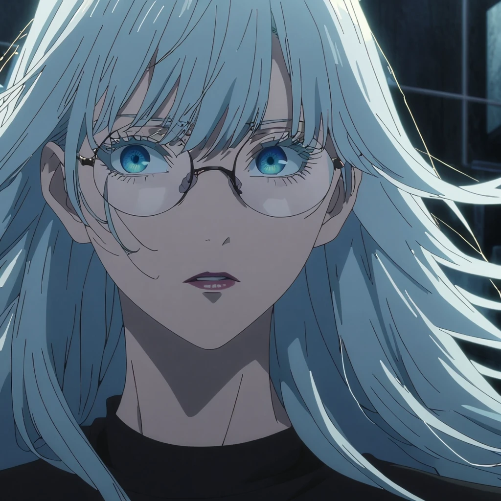 1girl, female gojo satoru, anime screencap from jujutsu kaisen, gojo satoru female version, solo, long_hair, round_eyewear, glasses, blue_eyes, parted_lips, looking_at_viewer, white_hair, bangs, eyelashes, face portrait, black_shirt, shirt, hair_between_eyes, floating hair, messy hair