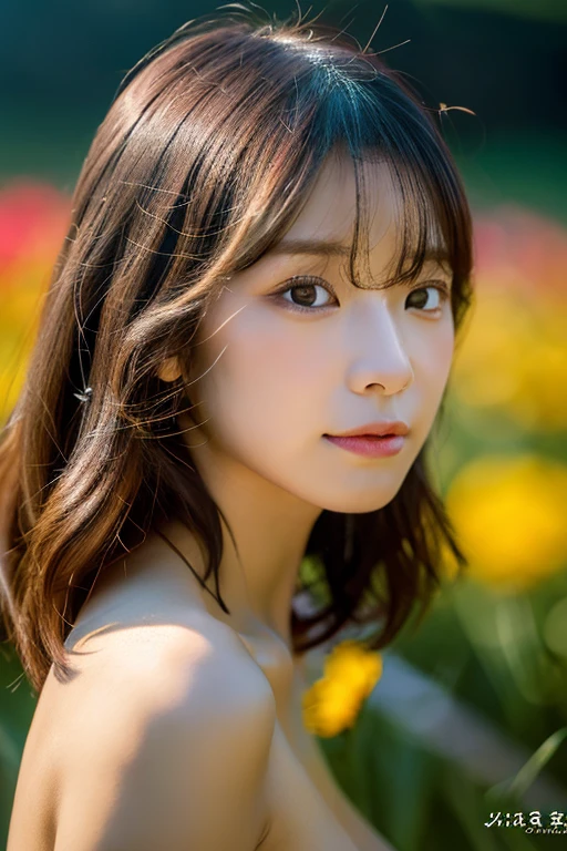 (((Exposing breasts 1.6))),(((Exposing breasts 1.6))),(((Exposing breasts 1.6))),masterpiece, Highest quality, 8k, Absurd, Beautiful medium long bob hair,Woman in her late 20s, That shy expression is cute, (Sensual Style),((Seven episodes were filmed.........1.4)), (Completely naked 1.5), No makeup, The near road and the far road, Written boundary depth, Surreal, High resolution, photograph, Sharp focus, Face lamp, Dynamic Lighting, highest detailed, ,Extreme detaileds、Super detaileded、detailed、Real Skin、elegant features、Positive and optimistic、(The background is a colorful flower field)