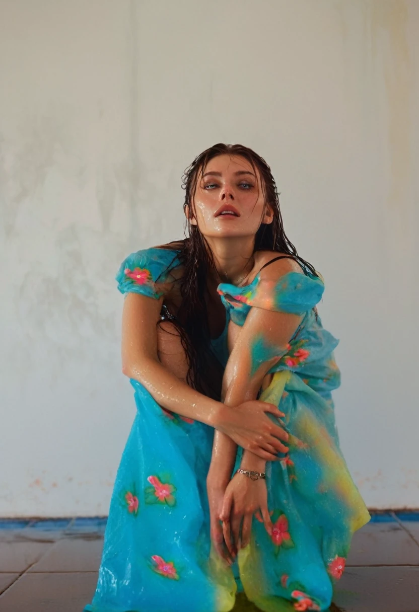Photorealism, close up, wide angle, seen from below, a girl wears a long-sleeved shirt that is wet and hanging down exposing her (bare shoulders:1.2), she has a slim body with firm, plump breasts, fair and smooth skin, grayish blue eyes , has brunette hair, she is sitting cross-legged in a wet street during heavy rain, she looks freezing and her (body and hair are badly wet), in a foggy atmosphere, photon mapping, dramatic lighting, vivid color tones, aesthetic