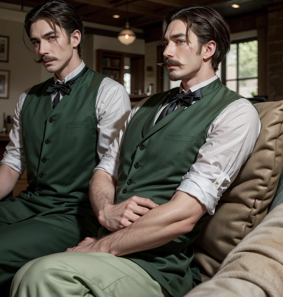 man hairstyle from book, by the cafe, green eyes, and a fine French mustache, is full of body beauty, elegant dress