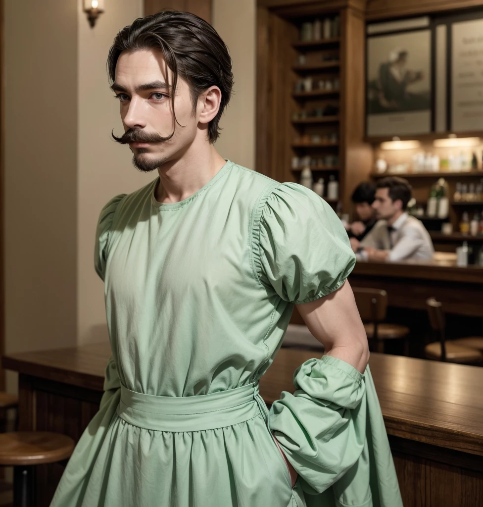man hairstyle from book, by the cafe, green eyes, and a fine French mustache, is full of body beauty, elegant dress