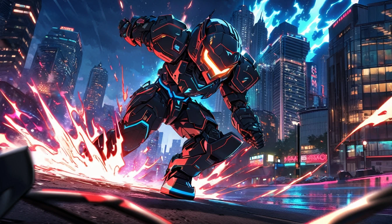 Mech suit, standing, Downtown Vancouver, high-quality artwork, vibrant colours, metal armour, intense lighting, cityscape background, heroic pose, dramatic shadows, black suit with red neon lights, dynamic motion, hockey goalie faceplate, hockey goalie helmet, video game, blue electric fists, smashing fists into the ground, blue power aura