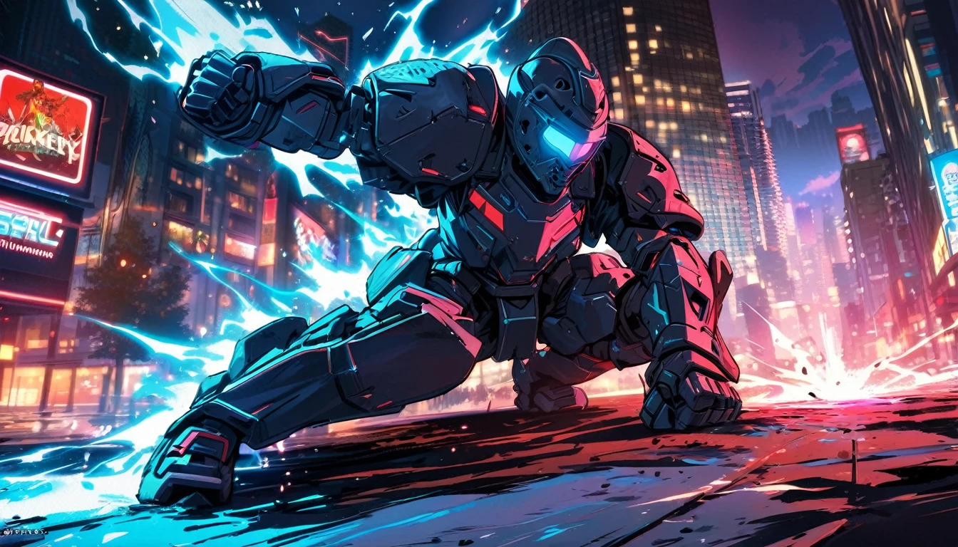 Mech suit, standing, Downtown Vancouver, high-quality artwork, vibrant colours, metal armour, intense lighting, cityscape background, heroic pose, dramatic shadows, black suit with red neon lights, dynamic motion, hockey goalie faceplate, hockey goalie helmet, video game, blue electric fists, smashing fists into the ground, blue power aura