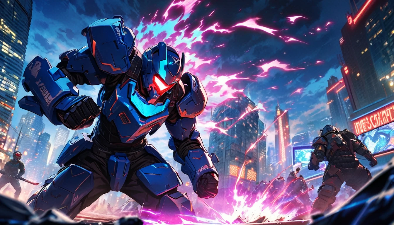 Mech suit, standing, Downtown Vancouver, high-quality artwork, vibrant colours, metal armour, intense lighting, cityscape background, heroic pose, dramatic shadows, black suit with red neon lights, dynamic motion, hockey goalie faceplate, hockey goalie helmet, video game, blue electric fists, smashing fists into the ground, blue power aura