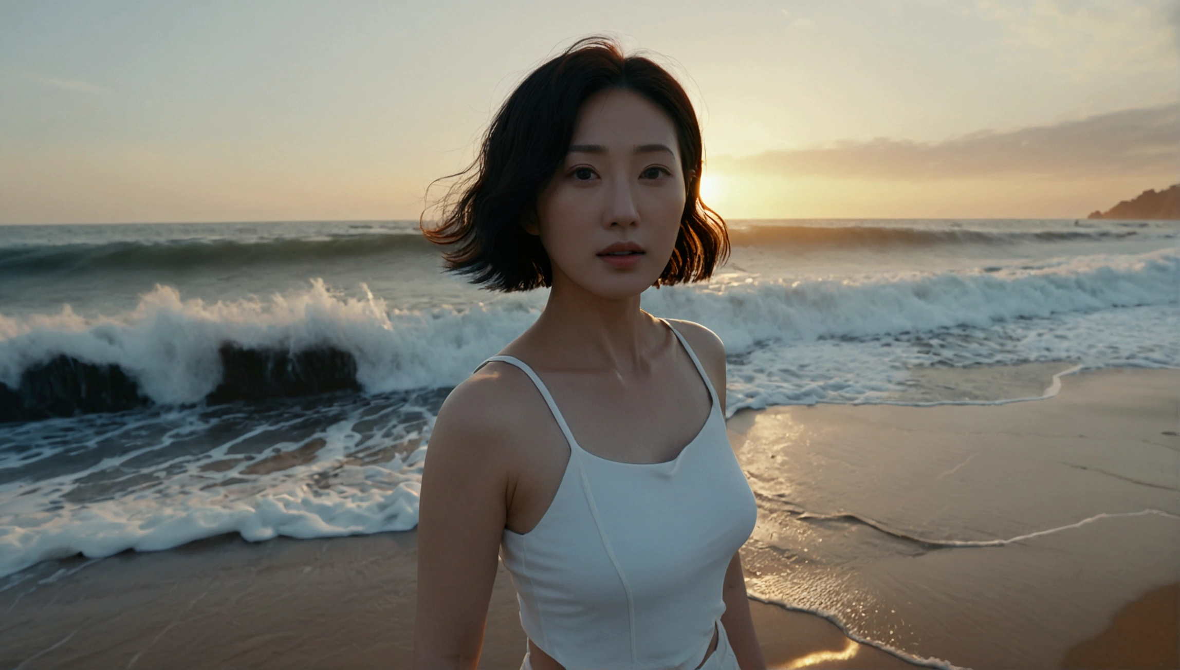 8k, realistic, lifelike photo, Realistic appearance of nature, beach at sunset, pale light, 36 year old Korean woman, short medium hair, Da Nang Beach, Woman standing in beach waves. Close-up from afar with a wide-angle lens, tower, White shorts, waves crashing, Clear picture quality