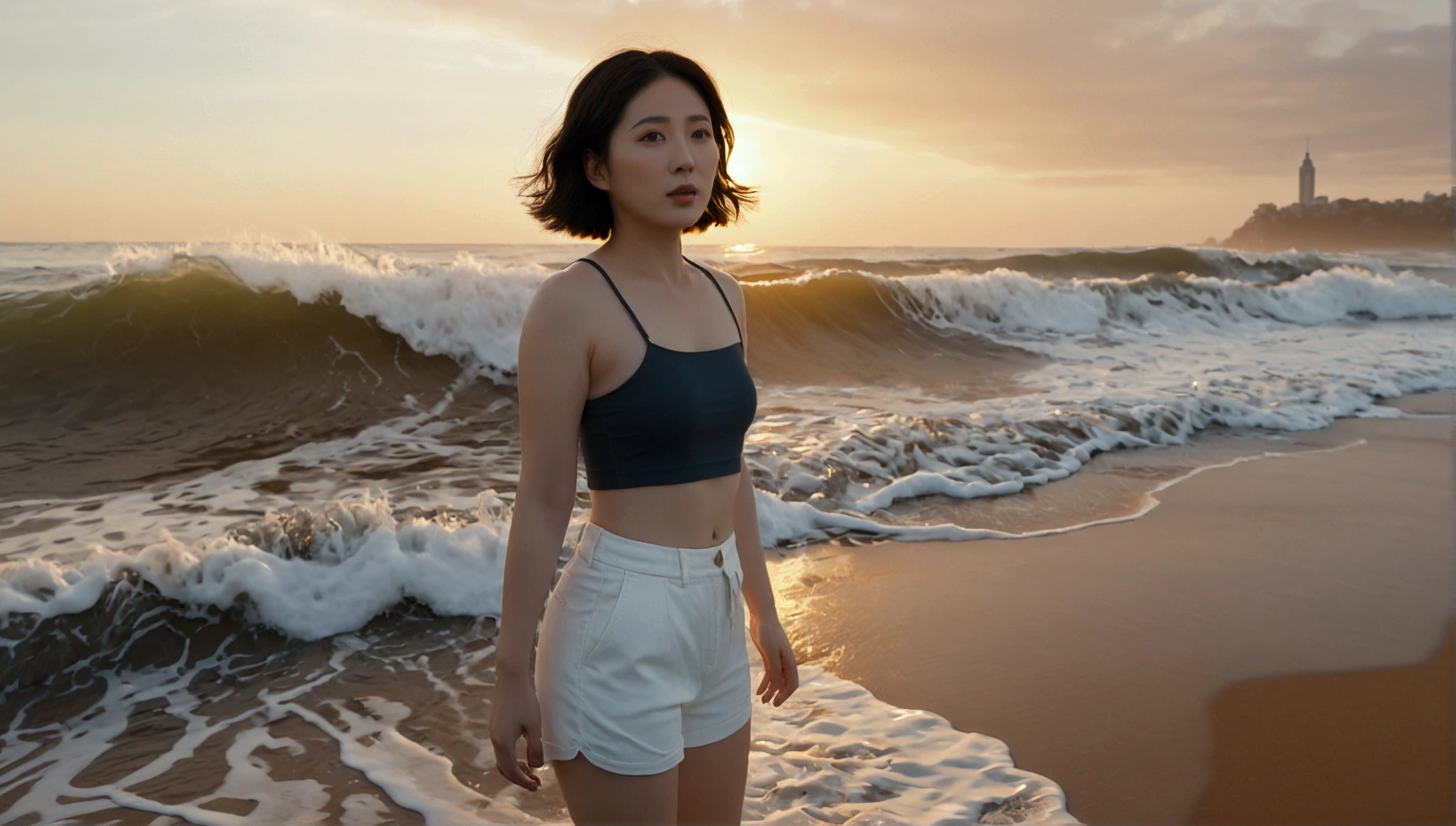 8k, realistic, lifelike photo, Realistic appearance of nature, beach at sunset, pale light, 36 year old Korean woman, short medium hair, Woman standing in endless beach waves. Close-up from afar with a wide-angle lens, tower, White shorts, waves crashing, Clear picture quality