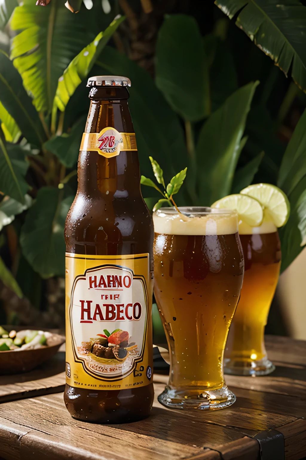 Create me new product images: Hanoi Habeco beer with tropical flavor