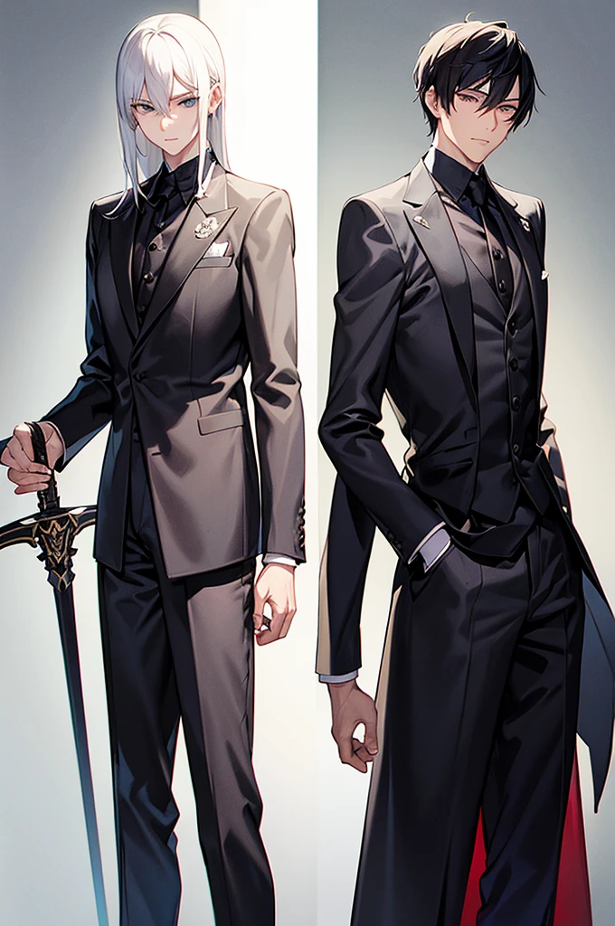 Content: A 3/4 shot of a man in a butler suit and tie, holding a dress sword. He has white hair and grey eyes, wearing formal attire with a confident and handsome anime pose.

Medium: Digital art, official character art.

Style: Portrait gapmoe yandere grimdark, visual novel sprite. The character design is sleek and refined, suitable for an official art illustration.

Lighting: Soft, balanced lighting that accentuates the character’s formal attire and the gleam of the dress sword, while shadows add depth to his facial features and the folds of his suit.

Colours: A classic palette of black, white, and grey, with subtle highlights to emphasize the texture of the suit and the sharpness of the sword.

Composition: A 3/4 shot capturing the upper body of the character, with the sword held prominently. The background is kept minimalistic, focusing on the character’s formal and confident appearance.