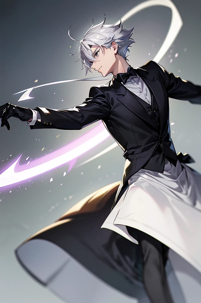 Content: A 3/4 shot of a man in a butler suit and tie, holding a dress sword. He has white hair and grey eyes, wearing formal attire with a confident and handsome anime pose.
Medium: Digital art, official character art.
Style: Portrait gapmoe yandere grimdark, visual novel sprite. The character design is sleek and refined, suitable for an official art illustration.
Lighting: Soft, balanced lighting that accentuates the character’s formal attire and the gleam of the dress sword, while shadows add depth to his facial features and the folds of his suit.
Colours: A classic palette of black, white, and grey, with subtle highlights to emphasize the texture of the suit and the sharpness of the sword.
Composition: A 3/4 shot capturing the upper body of the character, with the sword held prominently. The background is kept minimalistic, focusing on the character’s formal and confident appearance.