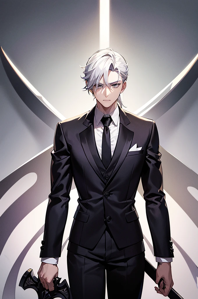 Content: A 3/4 shot of a man in a butler suit and tie, holding a dress sword. He has white hair and grey eyes, wearing formal attire with a confident and handsome anime pose.

Medium: Digital art, official character art.

Style: Portrait gapmoe yandere grimdark, visual novel sprite. The character design is sleek and refined, suitable for an official art illustration.

Lighting: Soft, balanced lighting that accentuates the character’s formal attire and the gleam of the dress sword, while shadows add depth to his facial features and the folds of his suit.

Colours: A classic palette of black, white, and grey, with subtle highlights to emphasize the texture of the suit and the sharpness of the sword.

Composition: A 3/4 shot capturing the upper body of the character, with the sword held prominently. The background is kept minimalistic, focusing on the character’s formal and confident appearance.