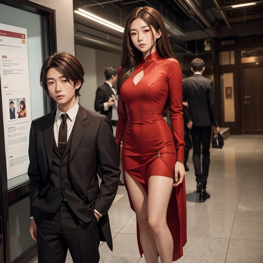 A pretty asian girl with brown long hair in a red dress leaning towards a handsome asian boy with brown hair in a black suit