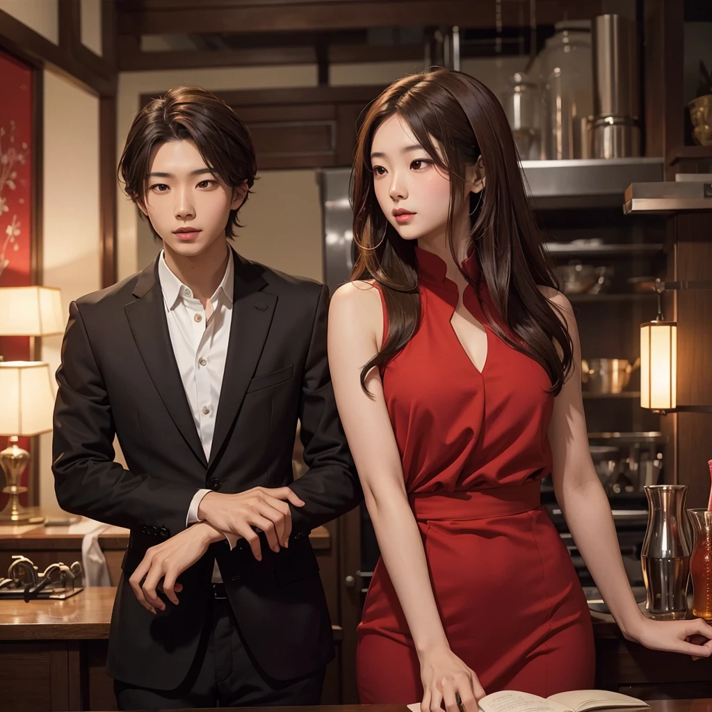 A pretty asian girl with brown long hair in a red dress leaning towards a handsome asian boy with brown hair in a black suit