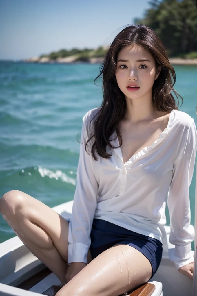 (Gray background、pubic hair、Large Breasts、Thighs、(((Glaring)))、Curly Hair、Disheveled Hair、Cute woman、high school girl、White shirt、Navy frill mile、Open chest shirt、A wet shirt with underwear showing through、Gazing at the sea、On the boat、