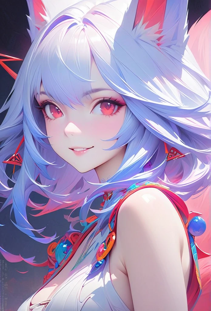 Masterpiece Portrait of Smiling Rei Ayanami (fox demon), fox tail, Caustics, High resolution illustration, Red eyes, feminine,, blue hair,, Shadow flat illustration, The art of math, Popular topics on ArtStation, Very detailed, fine details, complex, neon color