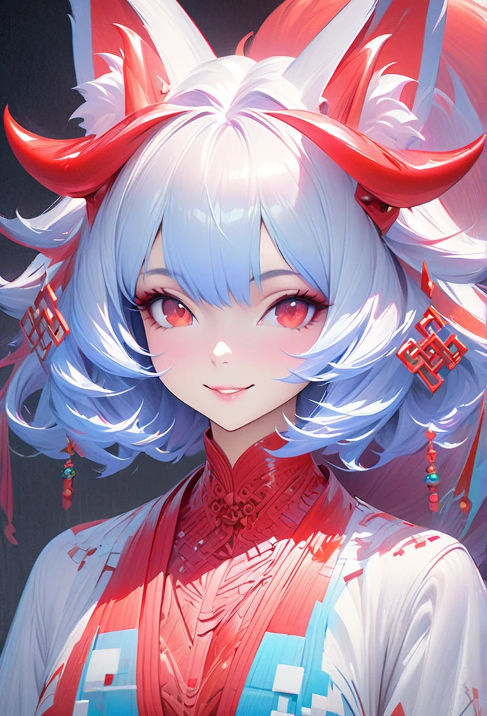 Masterpiece Portrait of Smiling Rei Ayanami (fox demon), fox tail， Caustics, High resolution illustration, Red eyes, feminine,, blue hair,,  Shadow flat illustration, The art of math, Popular topics on ArtStation, Very detailed, fine details, complex,  neon color