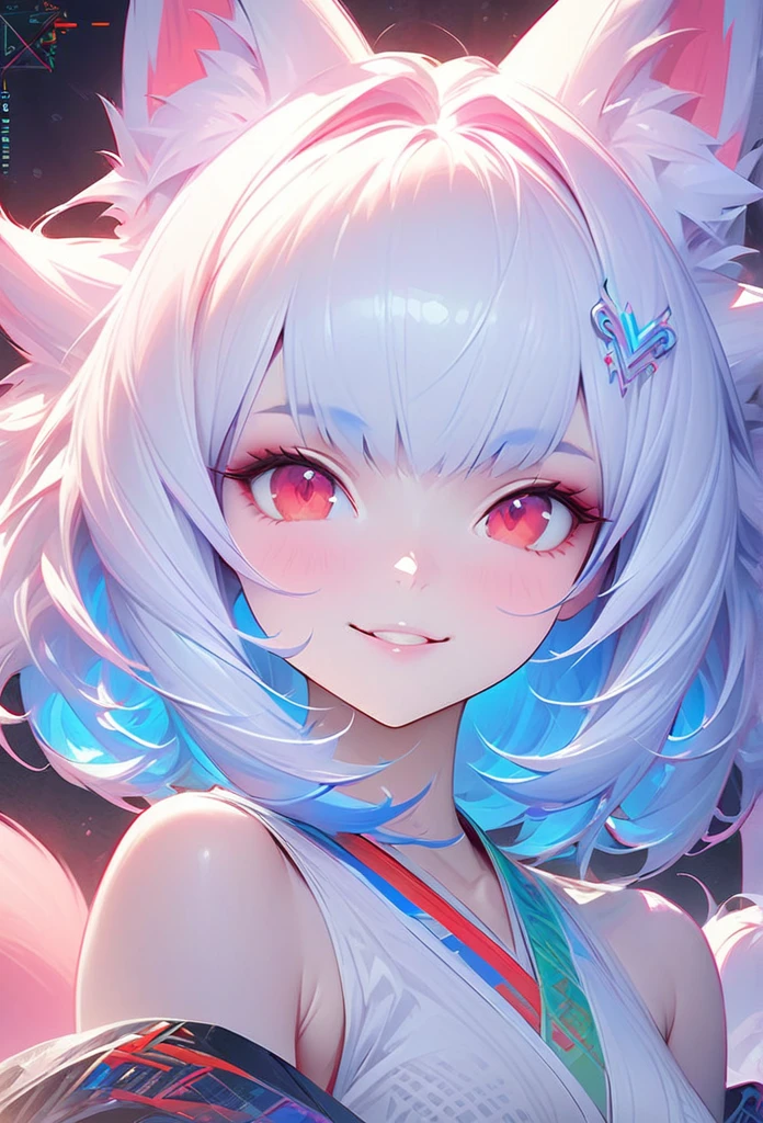 Masterpiece Portrait of Smiling Rei Ayanami (fox demon), fox tail, Caustics, High resolution illustration, Red eyes, feminine,, blue hair,, Shadow flat illustration, The art of math, Popular topics on ArtStation, Very detailed, fine details, complex, neon color