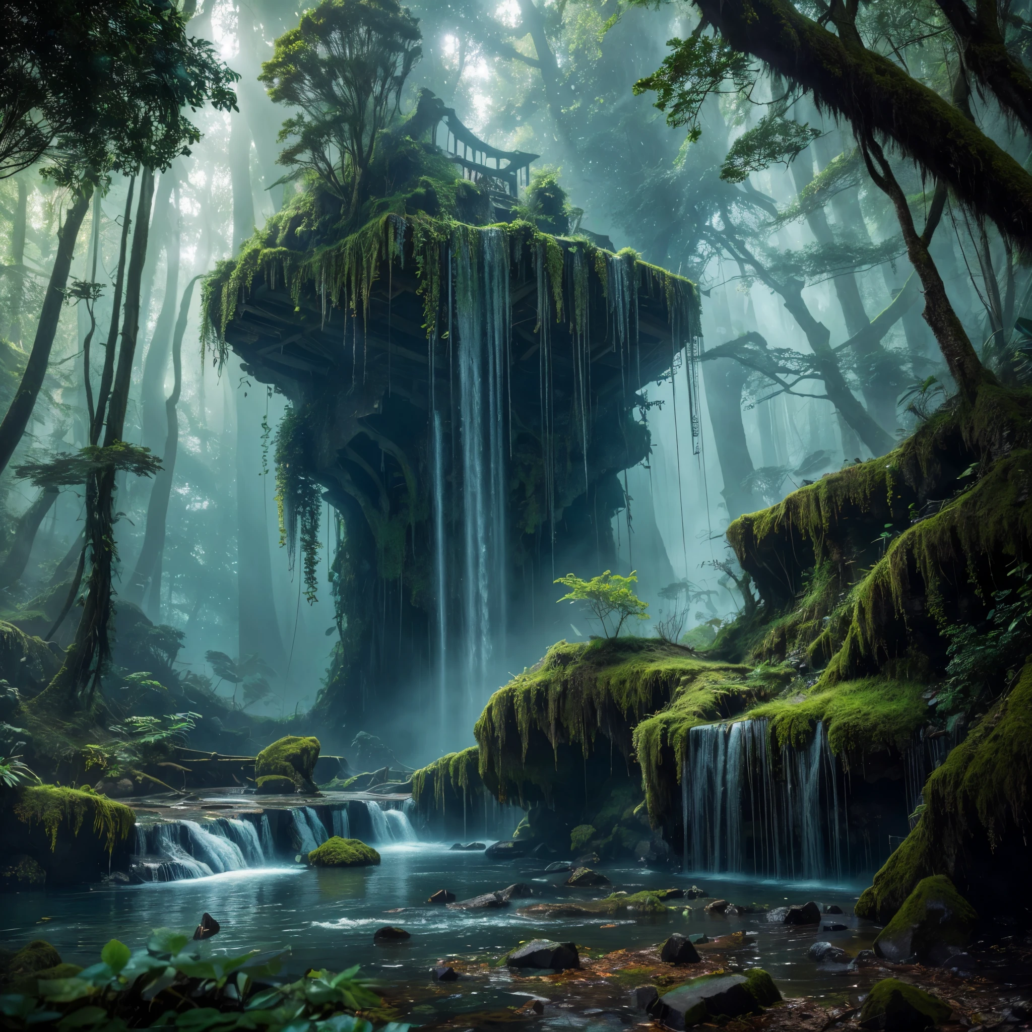 Masterpiece, Best Quality, Super Detailed, High Definition, HDR, Realistic, Depth, Fine Texture, Super Fine, Complete concentration. A breathtaking mysterious island surrounded by misty waters. Towering cliffs covered in lush, verdant vegetation. Hidden waterfalls cascading down into crystal-clear lagoons. Ancient, overgrown ruins hinting at a lost civilization. Exotic, bioluminescent plants illuminating the shadows with a magical glow. Mysterious and enchanting atmosphere. Lighting: Soft, ethereal lighting, volumetric lighting, lens flare. Colors: Vibrant and vivid colors, contrasting with deep shadows., dark color schemes, Details: Intricate details on the ancient ruins, detailed vegetation, realistic water reflections. Atmosphere: Mystical, otherworldly, enchanting, serene yet slightly eerie. Background: Dense, foggy forests with hidden pathways, glimpses of strange wildlife. Scene Composition: Balanced composition with a focal point on the ruins and waterfalls, leading the viewer’s eye through the scene.
