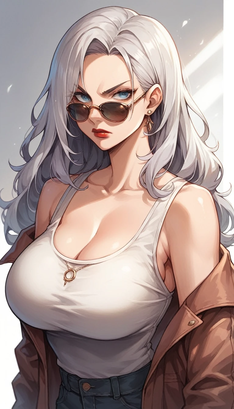 Anime woman with silver hair and blue eyes, serious look, red lips, casual clothes and sunglasses, look over the glasses, large breasts, whole body