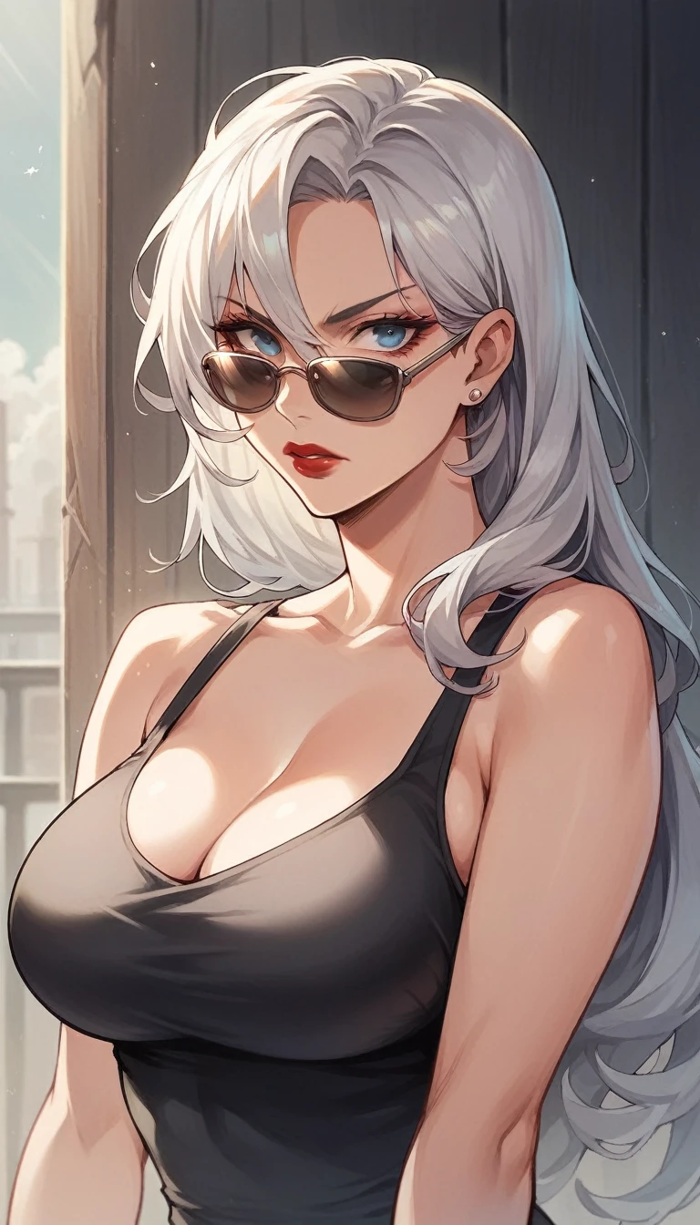 Anime woman with silver hair and blue eyes, serious look, red lips, casual clothes and sunglasses, look over the glasses, large breasts, whole body