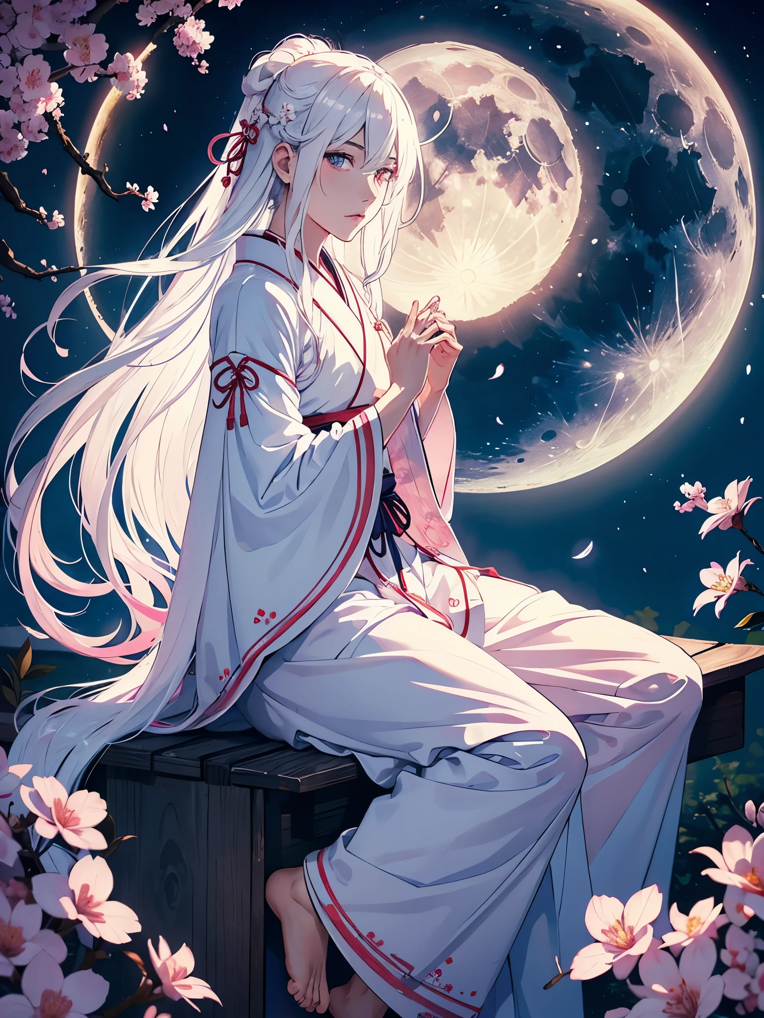 Männlich. Blaues Licht. Mann. Männlich. Boy. Tsukiyomi. japanese clothes. God of the Moon. long white hair. traditional clothing. divine. full moon. Pink flowers. at night. 