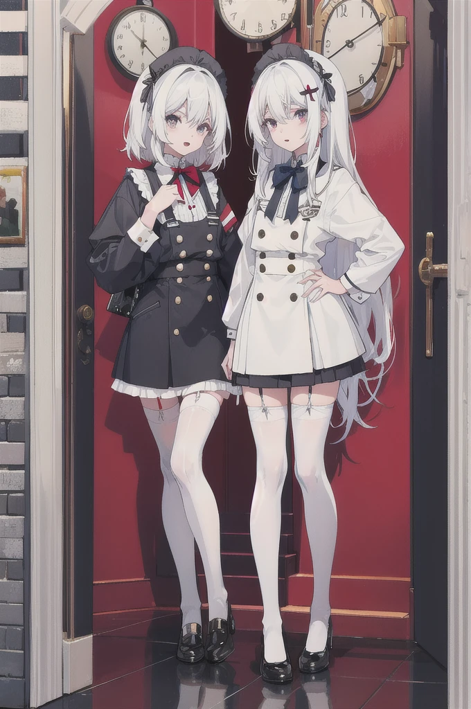 ,twins,white hair,stockings,mature female,
