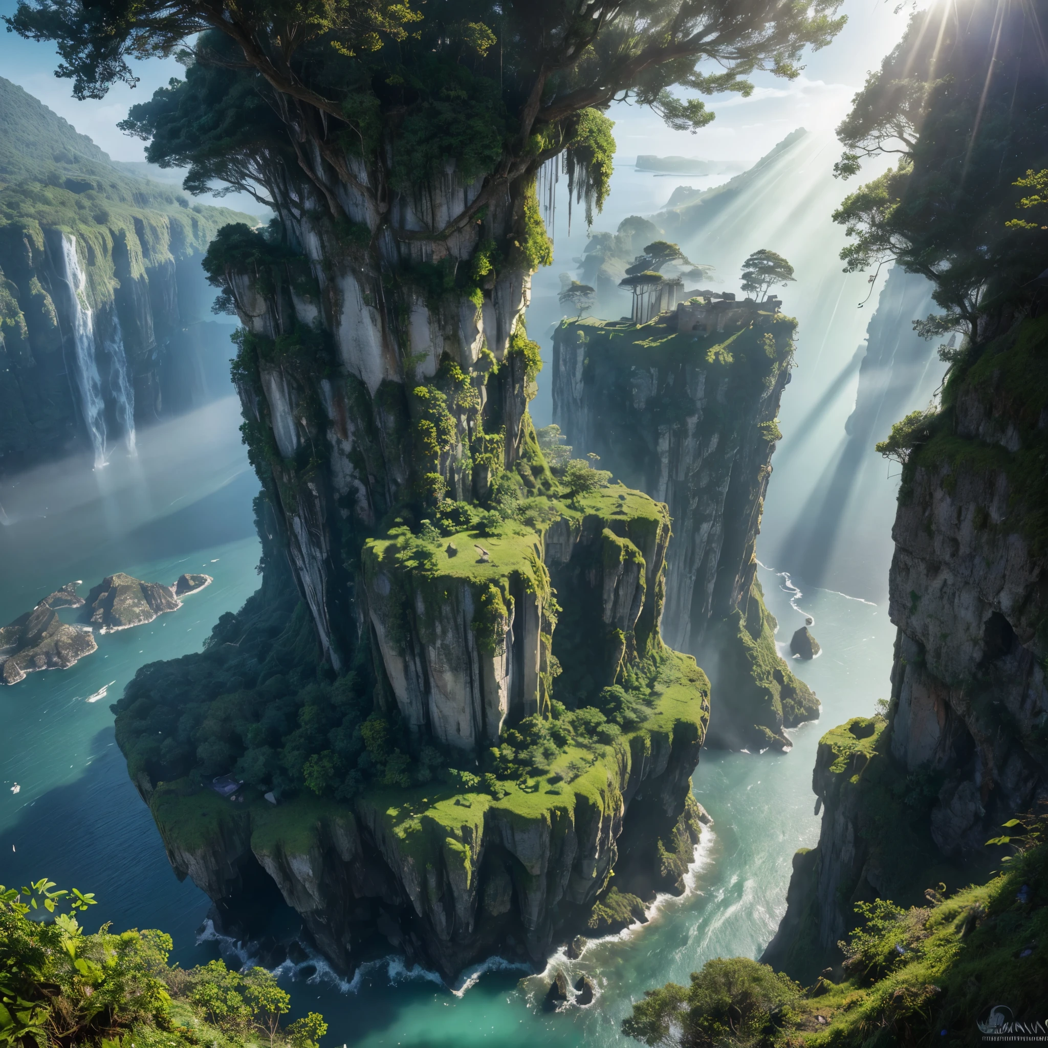 Masterpiece, Best Quality, Super Detailed, High Definition, HDR, Realistic, Depth, Fine Texture, Super Fine, Complete concentration. A breathtaking aerial view of a mysterious island surrounded by misty waters. Towering cliffs covered in lush, verdant vegetation. Hidden waterfalls cascading down into crystal-clear lagoons. Ancient, overgrown ruins hinting at a lost civilization. Exotic, bioluminescent plants illuminating the shadows with a magical glow. Mysterious and enchanting atmosphere. Lighting: Soft, ethereal lighting, volumetric lighting, lens flare. Colors: Vibrant and vivid colors, contrasting with deep shadows. Details: Intricate details on the ancient ruins, detailed vegetation, realistic water reflections. Atmosphere: Mystical, otherworldly, enchanting, serene yet slightly eerie. Scene Composition: Aerial view with a focus on the entire island, showcasing the cliffs, waterfalls, ruins, and dense, foggy forests. Additional elements: Hidden pathways, glimpses of strange wildlife, clouds casting shadows over parts of the island, creating a sense of depth and mystery., Fancy, breathtaking fantasy, digital photography, breathtaking stunning landscapes, 