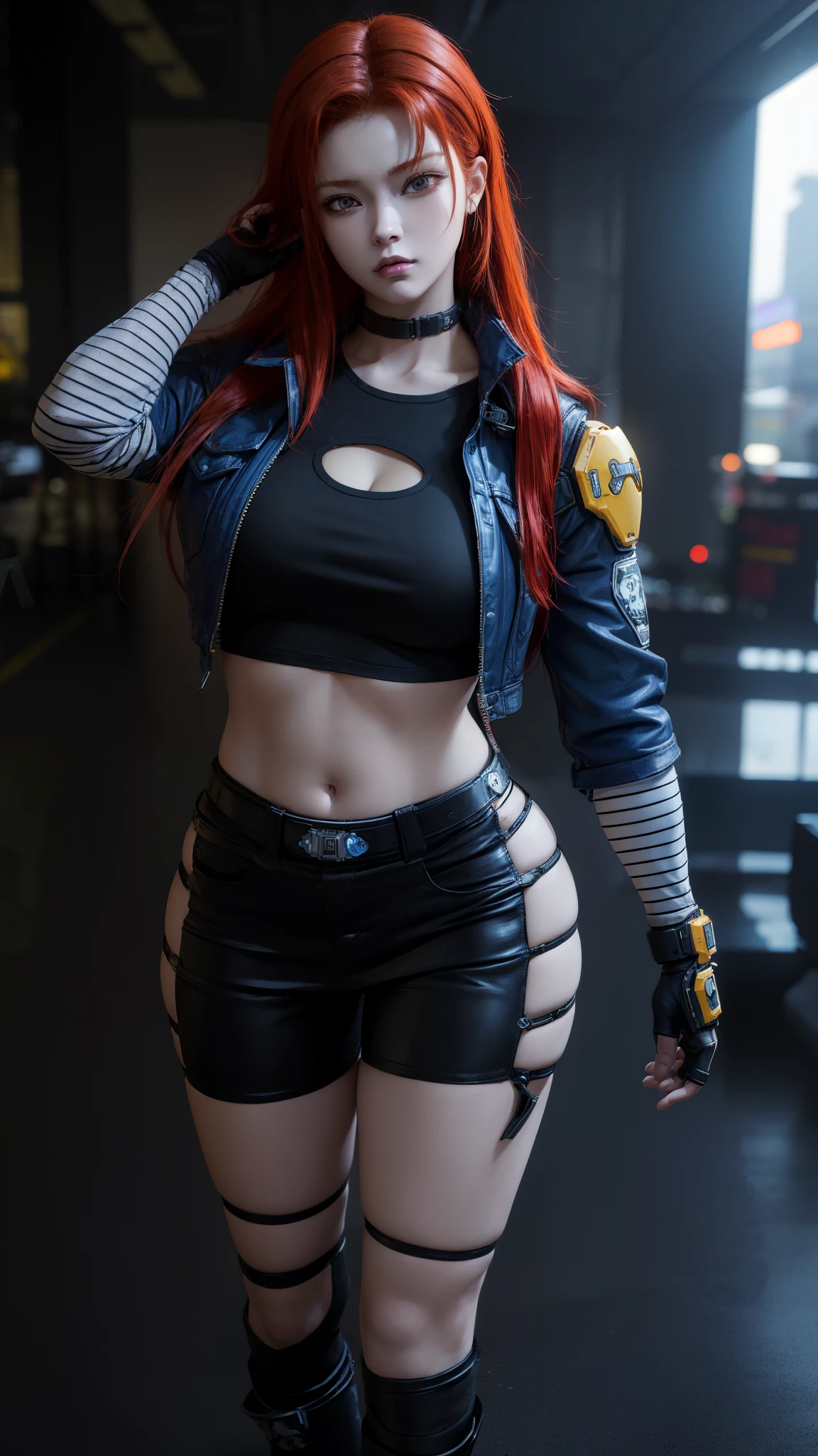 a woman with long red hair and a colorful shirt posing, cyberpunk art by Kentaro Miura, Trends in CG society, digital art, wearing cyberpunk jacket 2 0 7 7, artwork in the style of guweiz, cyberpunk anime girl, Brigitte de Overwatch, lovely Brigitte de Overwatch, 3d realistic anime style., cosplay chica anime, digital art del anime cyberpunk