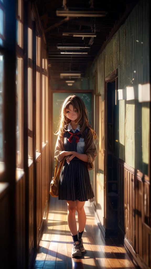 A girl in a wooden school hallway, summer uniform, warm early summer light, detailed face and eyes, detailed clothing folds, dust motes in sunlight, wooden floor boards, high ceiling, intricate architectural details, depth of field, photorealistic, cinematic lighting, muted color palette, dramatic shadows