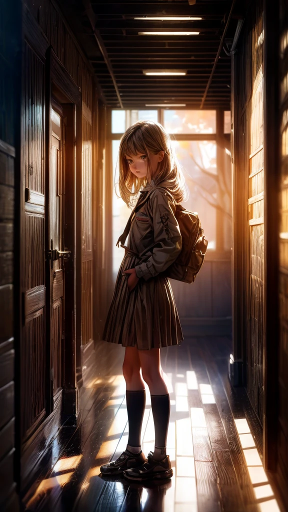 A girl in a wooden school hallway, summer uniform, warm early summer light, detailed face and eyes, detailed clothing folds, dust motes in sunlight, wooden floor boards, high ceiling, intricate architectural details, depth of field, photorealistic, cinematic lighting, muted color palette, dramatic shadows