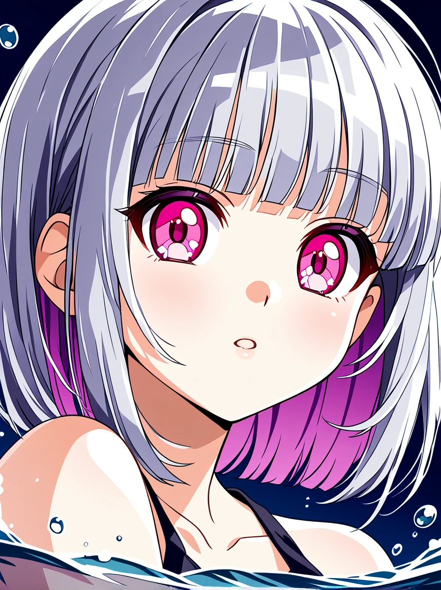 Pink-eyed anime girl with silver shaggy cut, Young girl,Young Teenage Girl , Portrait of a Girl, Digital illustration style, In the art style of Bouwater, Anime Style, Anime-style illustrations, neutral