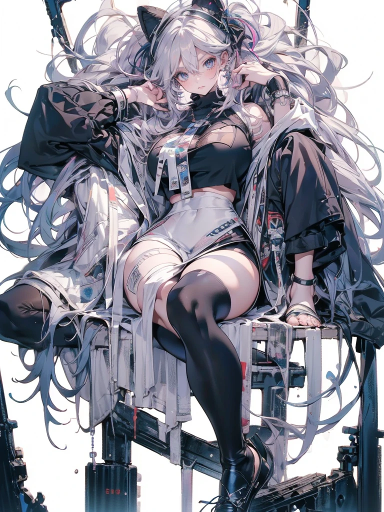 (((unique look:1.5, The eyes of famous artists, Unique Fashion, Slit Skirt)))、Pink Hair　(White Hair Girl), (Thick, dark blue eyebrows:1.4), (Dark blue eyebrows:1.7), (Thick eyebrows:1.3), (Huge black fluffy animal ears:1.1), (Black animal ears:1.1), BREAK, (((mesh, Mesh Stitching Crop T-Shirt, Cutout Long Sleeve Top))),BREAK, (Big Breasts:1.2, Thick legs, Adult female body, Sturdy body:1.5), , (sharp eyes, Ultra-high definition CG, Precisely designed costumes, 4K, 8K, Ultra-high definition CG, , Expressive and Captivating Eyes, Fine Details and Realistic Textures, cinematic lighting), , BREAK, (Wearing black leggings with holes), Skinny sleeves, (Torn and holey leggings:1.2)(Black leggings:1.4), (Punkish Boots:1.2), (Thick sole:1.5), (Big shoes:1.3), ((unique look:1.5, The eyes of famous artists))　
